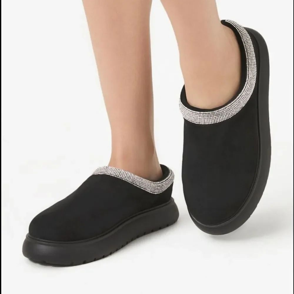 BRAND NEW RHINESTONE-TRIM FAUX SUEDE SLIPPERS